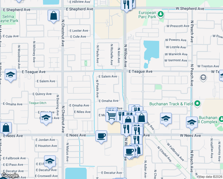 map of restaurants, bars, coffee shops, grocery stores, and more near 2932 East Richmond Avenue in Fresno