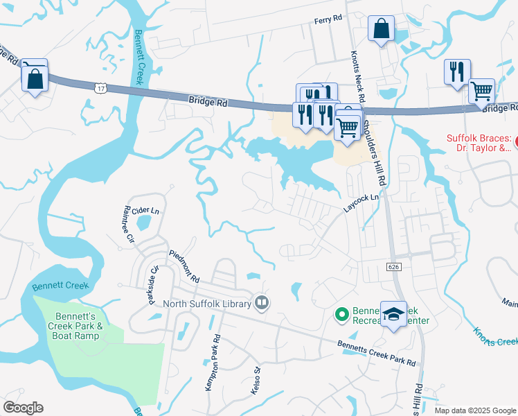 map of restaurants, bars, coffee shops, grocery stores, and more near 1005 Serene Road in Suffolk