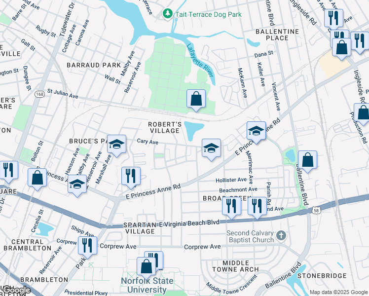 map of restaurants, bars, coffee shops, grocery stores, and more near 1375 Roberts Road in Norfolk