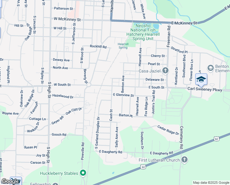 map of restaurants, bars, coffee shops, grocery stores, and more near 353-399 East South Street in Neosho