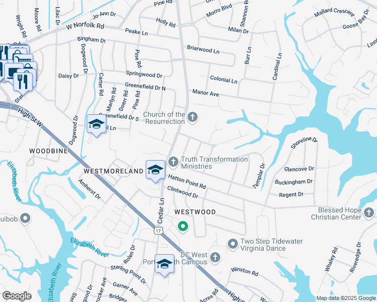 map of restaurants, bars, coffee shops, grocery stores, and more near 3416 Freemason Drive in Portsmouth