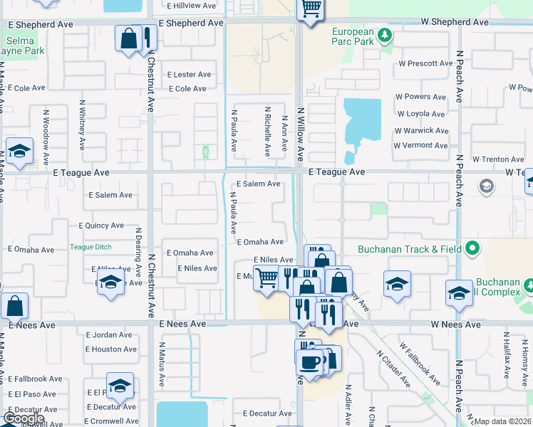 map of restaurants, bars, coffee shops, grocery stores, and more near 2932 East Richmond Avenue in Fresno