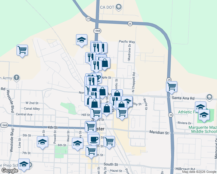 map of restaurants, bars, coffee shops, grocery stores, and more near 81 North Sally Street in Hollister