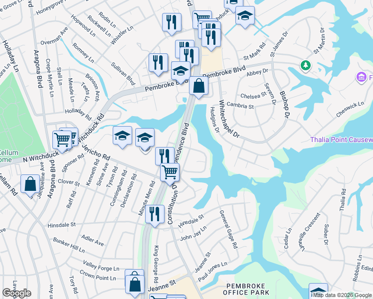 map of restaurants, bars, coffee shops, grocery stores, and more near 662 Liberty Bell Road in Virginia Beach