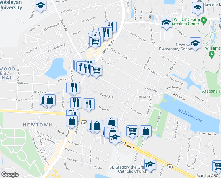map of restaurants, bars, coffee shops, grocery stores, and more near 502 Wharf Court in Virginia Beach