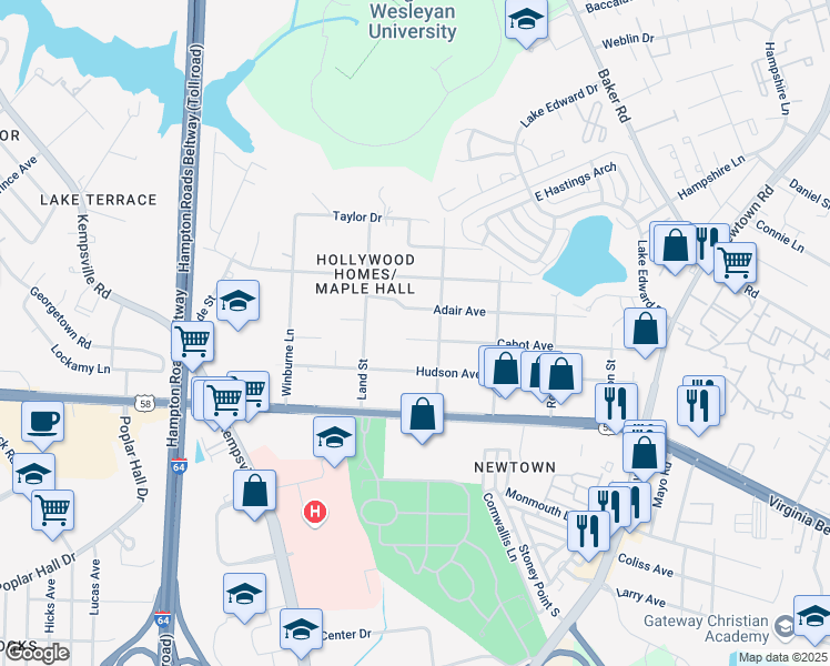 map of restaurants, bars, coffee shops, grocery stores, and more near 6345 Adair Avenue in Norfolk