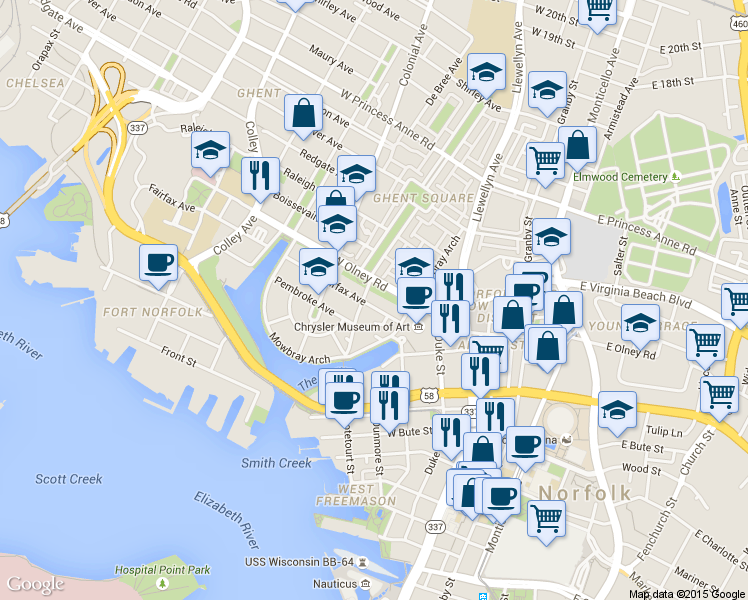 map of restaurants, bars, coffee shops, grocery stores, and more near 338 West Olney Road in Norfolk