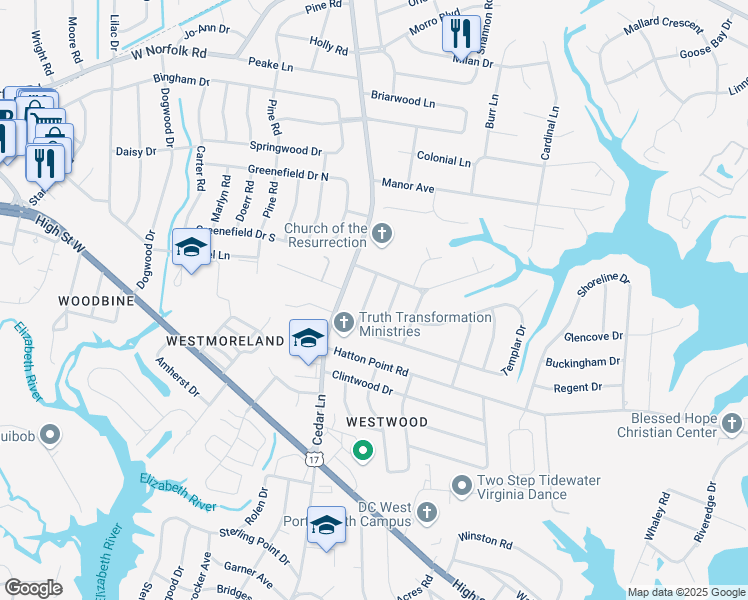 map of restaurants, bars, coffee shops, grocery stores, and more near 3416 Freemason Drive in Portsmouth