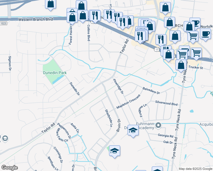 map of restaurants, bars, coffee shops, grocery stores, and more near 4201 Pineridge Court in Chesapeake
