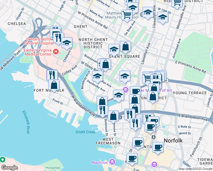 map of restaurants, bars, coffee shops, grocery stores, and more near 407 Fairfax Avenue in Norfolk