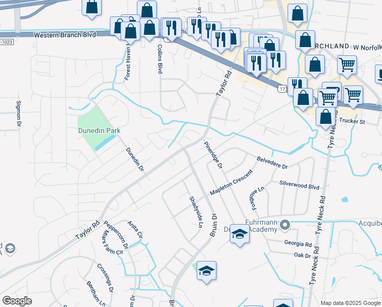 map of restaurants, bars, coffee shops, grocery stores, and more near 4201 Pineridge Court in Chesapeake
