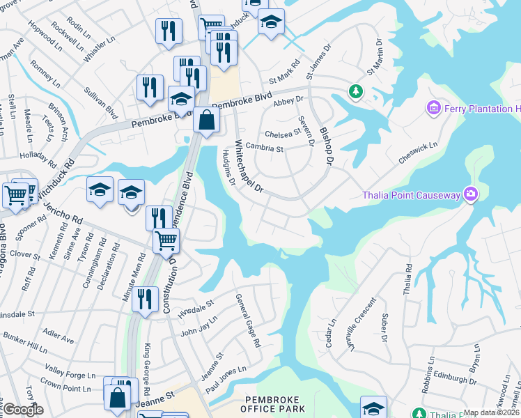 map of restaurants, bars, coffee shops, grocery stores, and more near 629 Cardiff Road in Virginia Beach