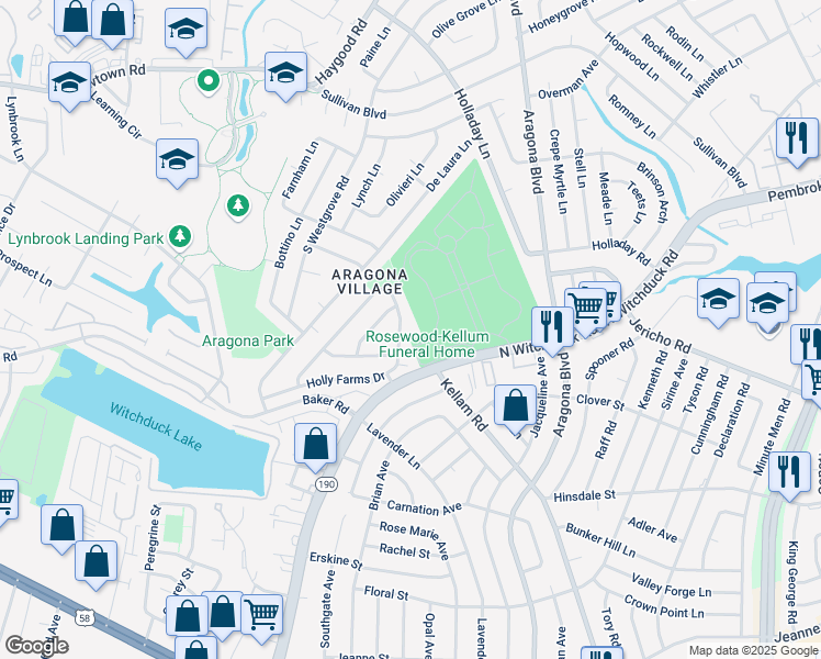 map of restaurants, bars, coffee shops, grocery stores, and more near 5105 Holly Farms Drive in Virginia Beach