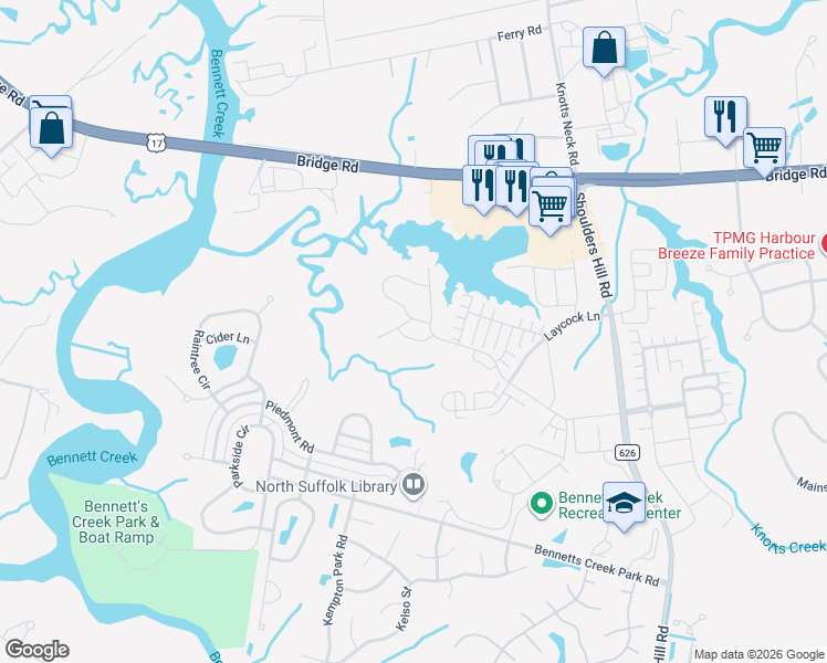 map of restaurants, bars, coffee shops, grocery stores, and more near 2219 Tuliptree Circle in Suffolk