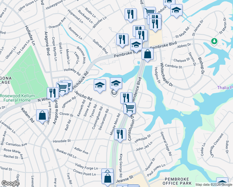 map of restaurants, bars, coffee shops, grocery stores, and more near 4622 Jericho Road in Virginia Beach