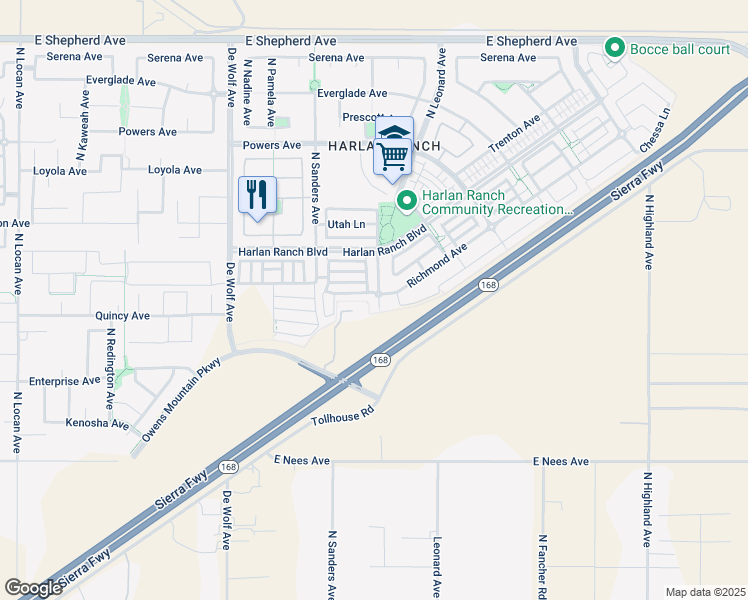 map of restaurants, bars, coffee shops, grocery stores, and more near 1492 North Dara Avenue in Clovis
