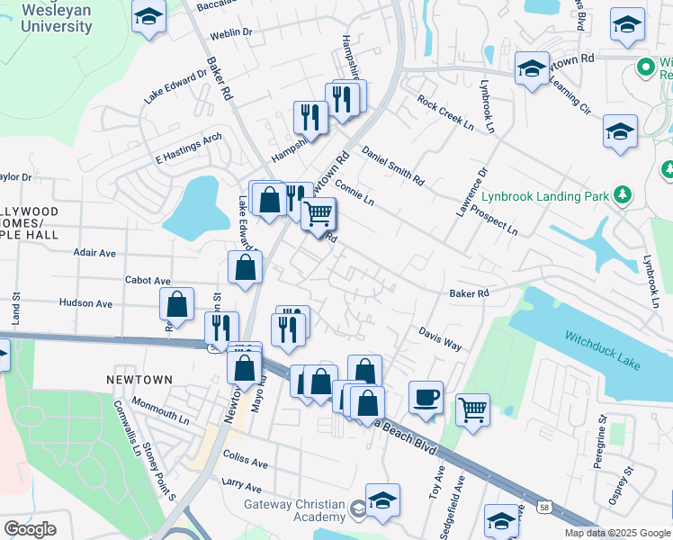 map of restaurants, bars, coffee shops, grocery stores, and more near 5623 Summit Arch in Virginia Beach