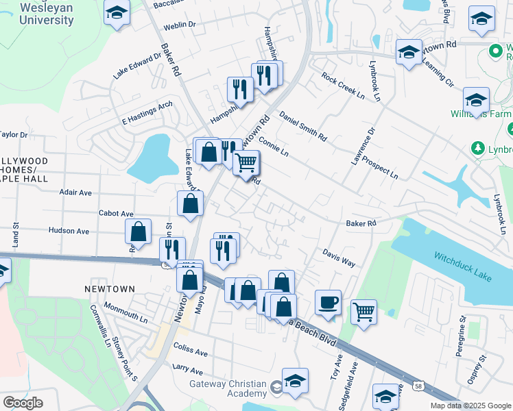 map of restaurants, bars, coffee shops, grocery stores, and more near 5626 Summit Arch in Virginia Beach