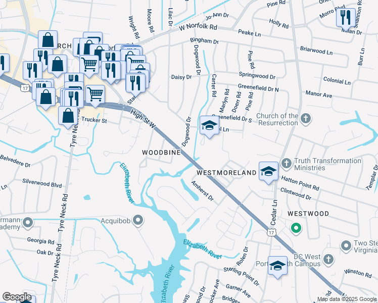 map of restaurants, bars, coffee shops, grocery stores, and more near 5304 High Street West in Portsmouth