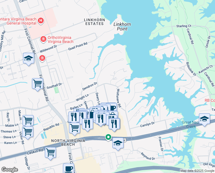 map of restaurants, bars, coffee shops, grocery stores, and more near 1553 Wolfsnare Road in Virginia Beach