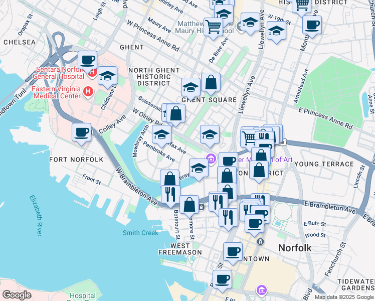 map of restaurants, bars, coffee shops, grocery stores, and more near 344 Fairfax Avenue in Norfolk