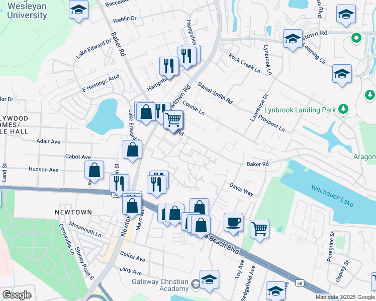 map of restaurants, bars, coffee shops, grocery stores, and more near 5710 Summit Arch in Virginia Beach