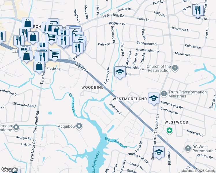 map of restaurants, bars, coffee shops, grocery stores, and more near 5304 High Street West in Portsmouth
