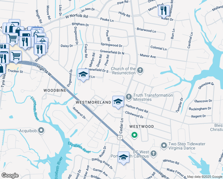 map of restaurants, bars, coffee shops, grocery stores, and more near 5016 Pinecroft Lane in Portsmouth