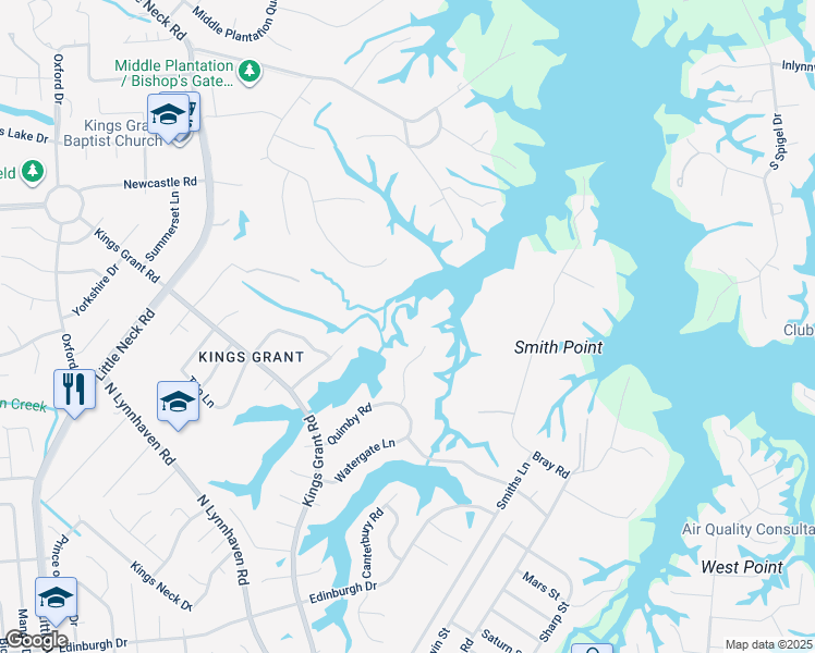 map of restaurants, bars, coffee shops, grocery stores, and more near 621 Timberland Trail in Virginia Beach