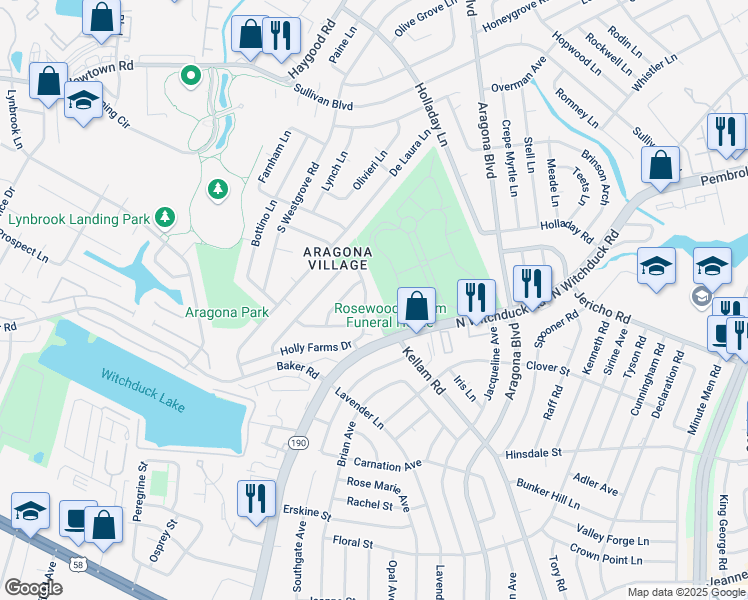 map of restaurants, bars, coffee shops, grocery stores, and more near 5105 Holly Farms Drive in Virginia Beach
