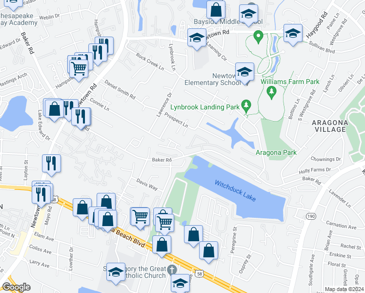 map of restaurants, bars, coffee shops, grocery stores, and more near 5561 Port Royal Drive in Virginia Beach