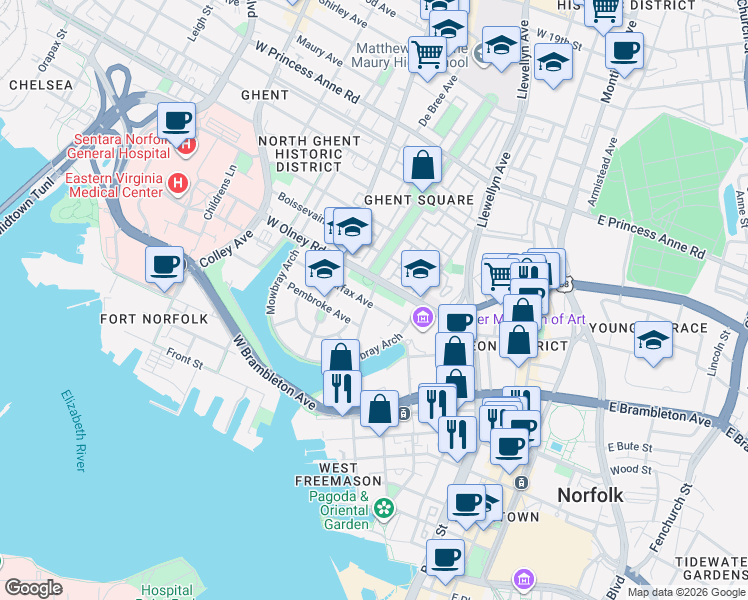 map of restaurants, bars, coffee shops, grocery stores, and more near 338 West Olney Road in Norfolk