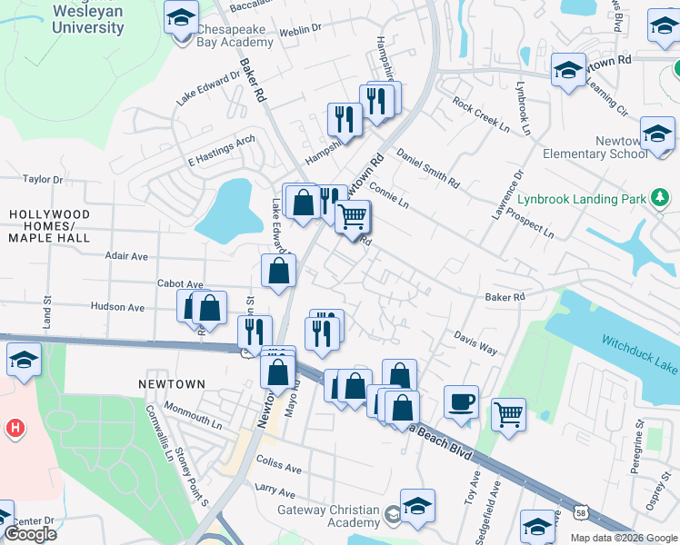 map of restaurants, bars, coffee shops, grocery stores, and more near 548 Newtown Road in Virginia Beach