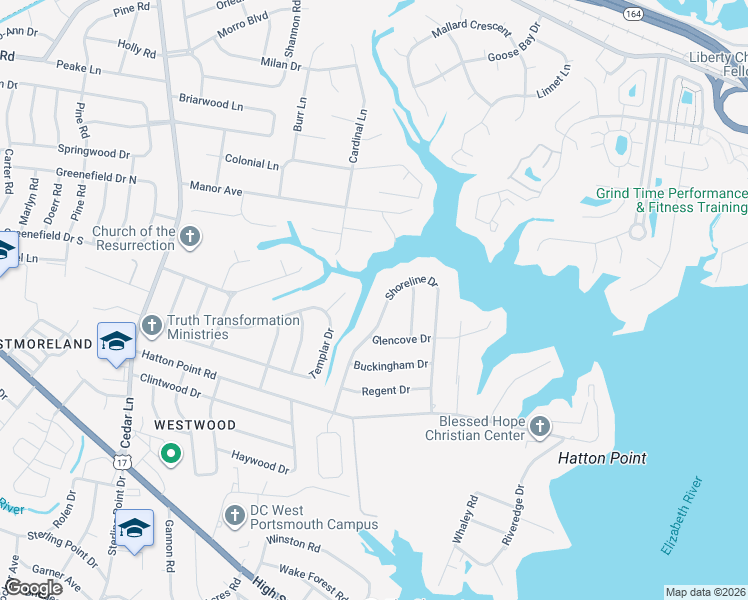 map of restaurants, bars, coffee shops, grocery stores, and more near 3620 Shoreline Drive in Portsmouth
