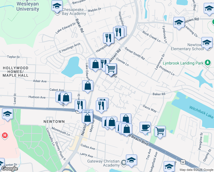 map of restaurants, bars, coffee shops, grocery stores, and more near 544 Newtown Road in Virginia Beach