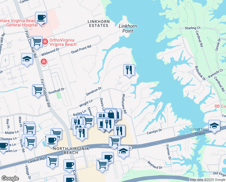 map of restaurants, bars, coffee shops, grocery stores, and more near 1553 Wolfsnare Road in Virginia Beach