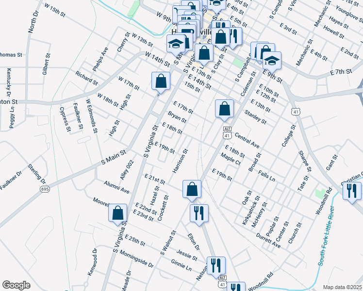 map of restaurants, bars, coffee shops, grocery stores, and more near Hopper Court in Hopkinsville