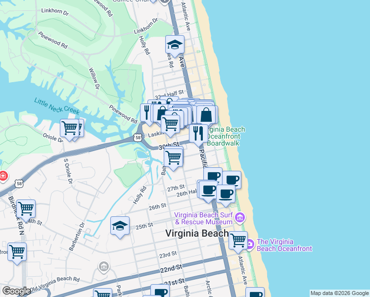 map of restaurants, bars, coffee shops, grocery stores, and more near 401 30th Street in Virginia Beach