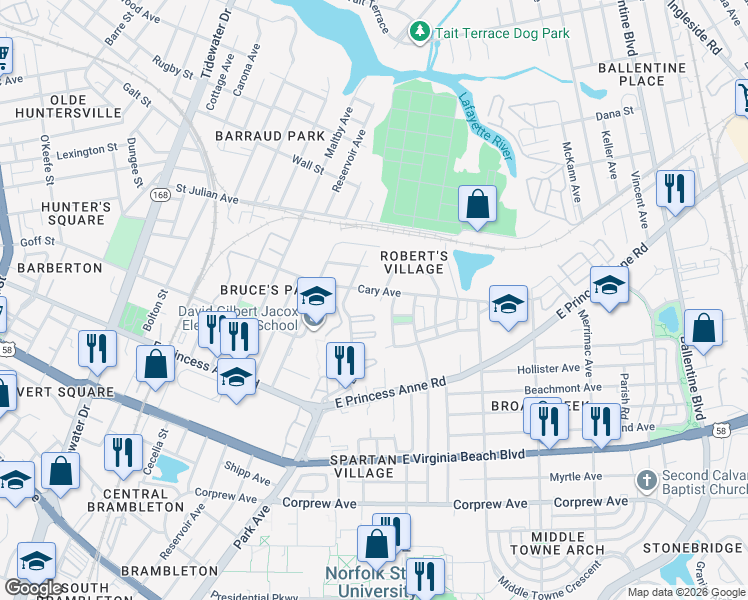 map of restaurants, bars, coffee shops, grocery stores, and more near 2314 Cary Avenue in Norfolk