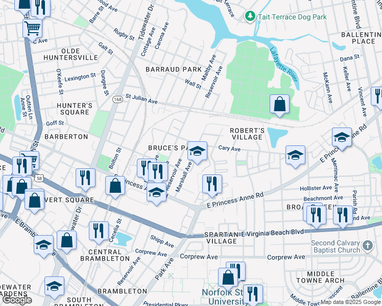 map of restaurants, bars, coffee shops, grocery stores, and more near in Norfolk