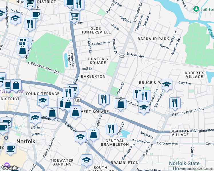 map of restaurants, bars, coffee shops, grocery stores, and more near 1263 Tidewater Drive in Norfolk