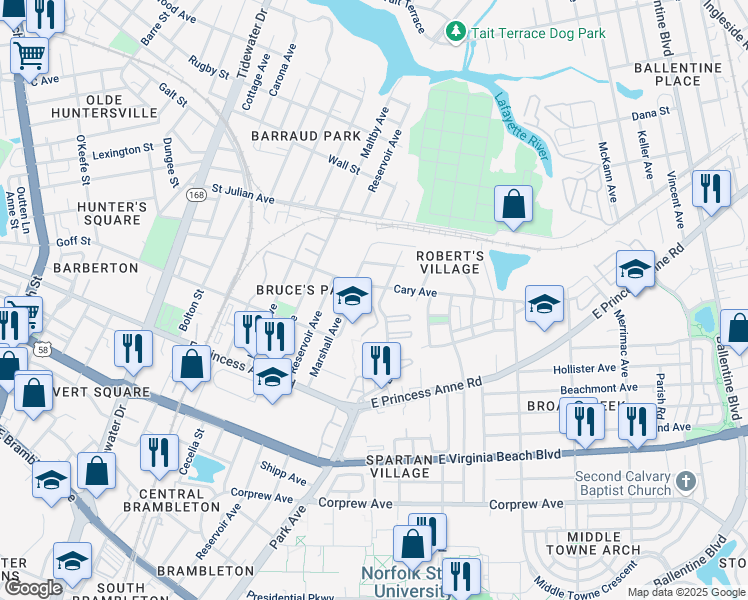 map of restaurants, bars, coffee shops, grocery stores, and more near 1339 Lead Street in Norfolk