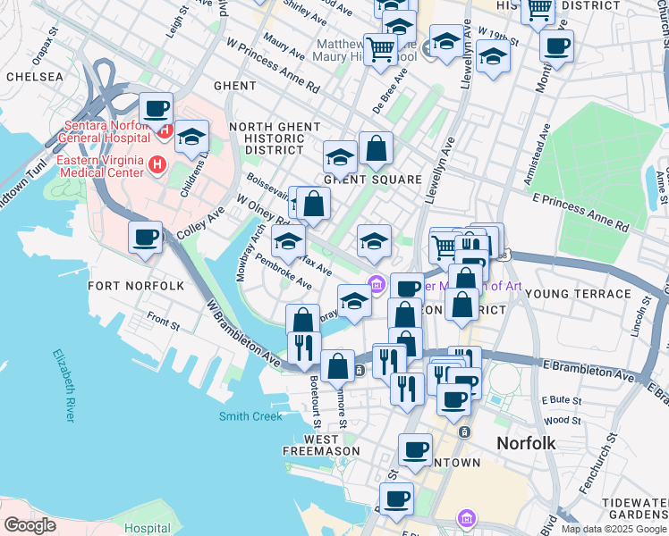 map of restaurants, bars, coffee shops, grocery stores, and more near 344 Fairfax Avenue in Norfolk