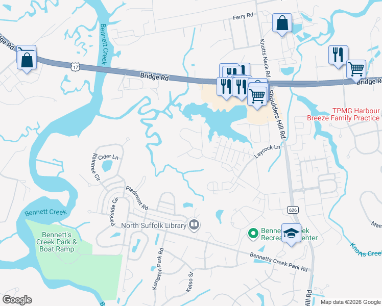 map of restaurants, bars, coffee shops, grocery stores, and more near 2219 Tuliptree Circle in Suffolk