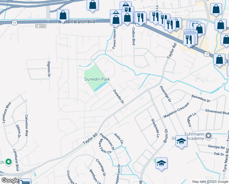 map of restaurants, bars, coffee shops, grocery stores, and more near 3320 Dunedin Drive in Chesapeake