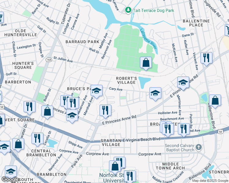 map of restaurants, bars, coffee shops, grocery stores, and more near 1349 Shanks Street in Norfolk