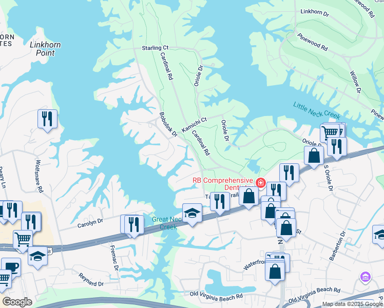 map of restaurants, bars, coffee shops, grocery stores, and more near 817 Bobolink Drive in Virginia Beach