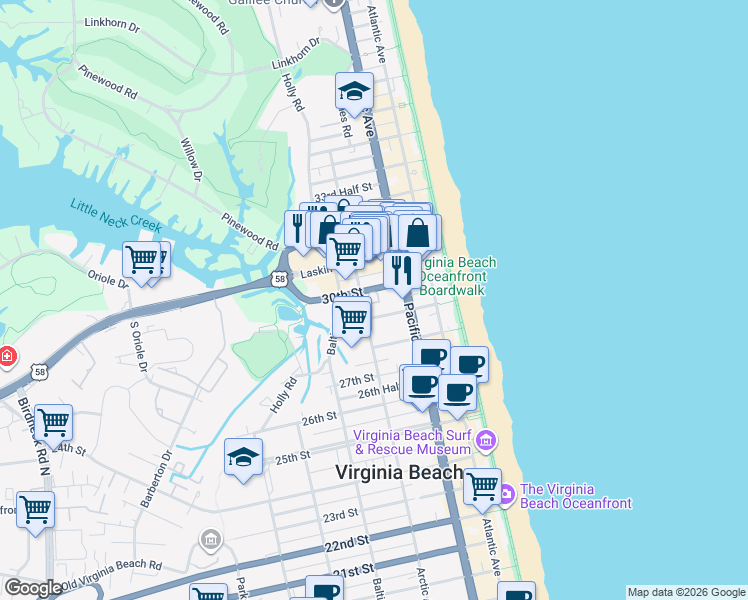 map of restaurants, bars, coffee shops, grocery stores, and more near 401 30th Street in Virginia Beach