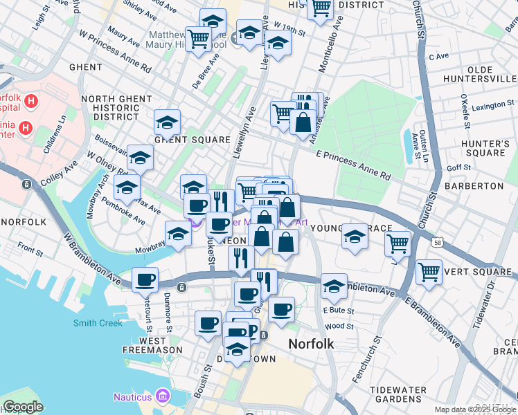 map of restaurants, bars, coffee shops, grocery stores, and more near 888 Magazine Lane in Norfolk