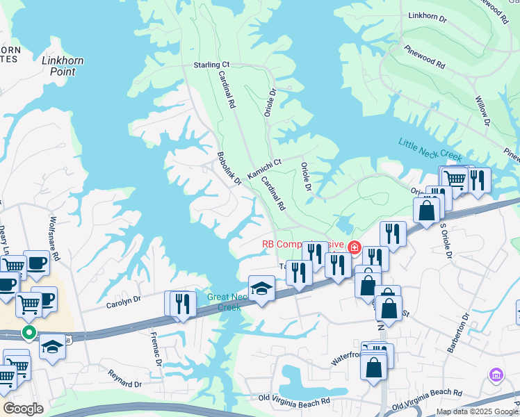 map of restaurants, bars, coffee shops, grocery stores, and more near 817 Bobolink Drive in Virginia Beach